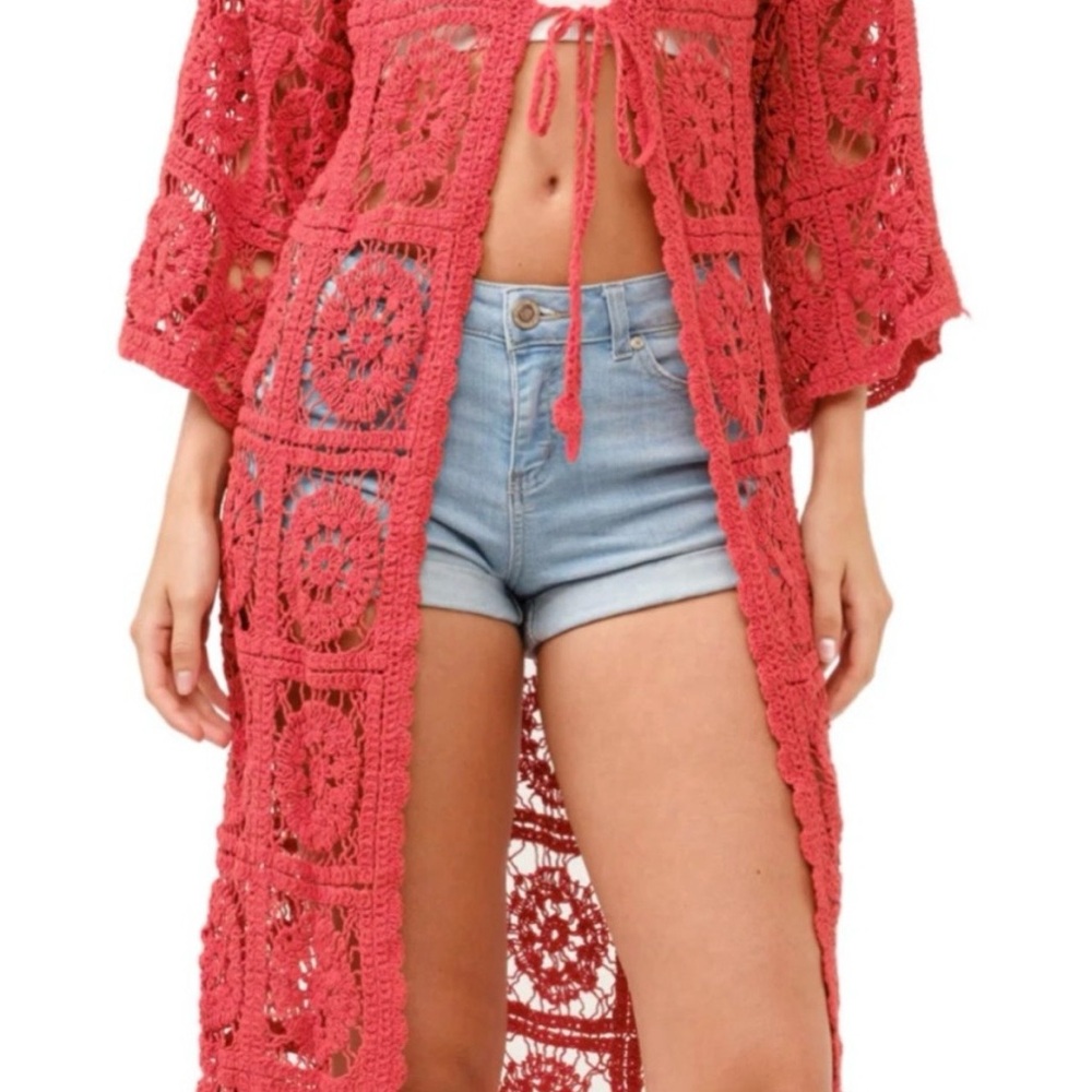 Raj Coral Crochet Longline Open Cardigan duster